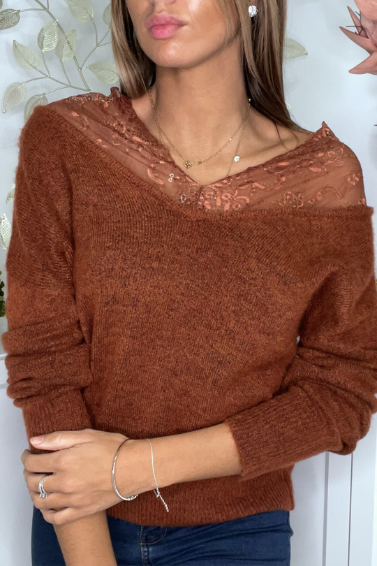 Soft cognac sweater with lace bardot collar - 3