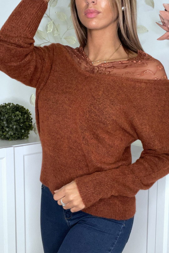 Soft cognac sweater with lace bardot collar - 4