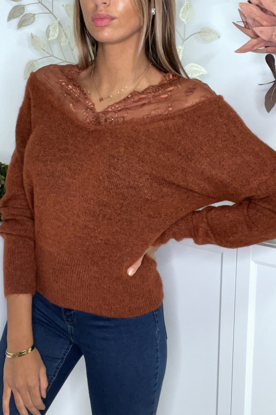 Soft cognac sweater with lace bardot collar - 5