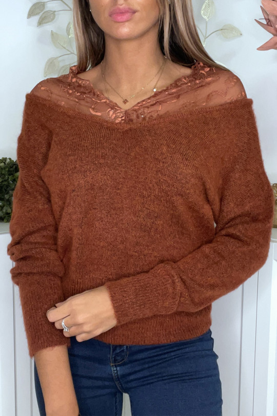 Soft cognac sweater with lace bardot collar - 6