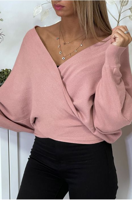 Roze overslagvest met bardotkraag - 2