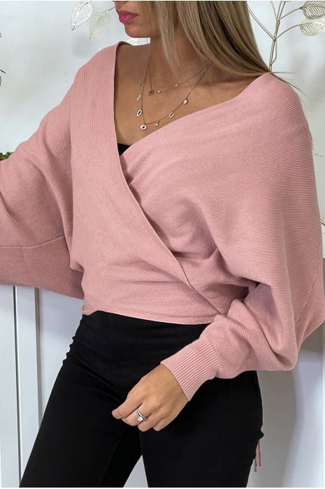Roze overslagvest met bardotkraag - 3