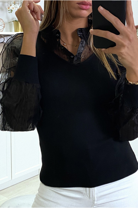 Pull noir à doublure tulle aux manches et col crochet - 4