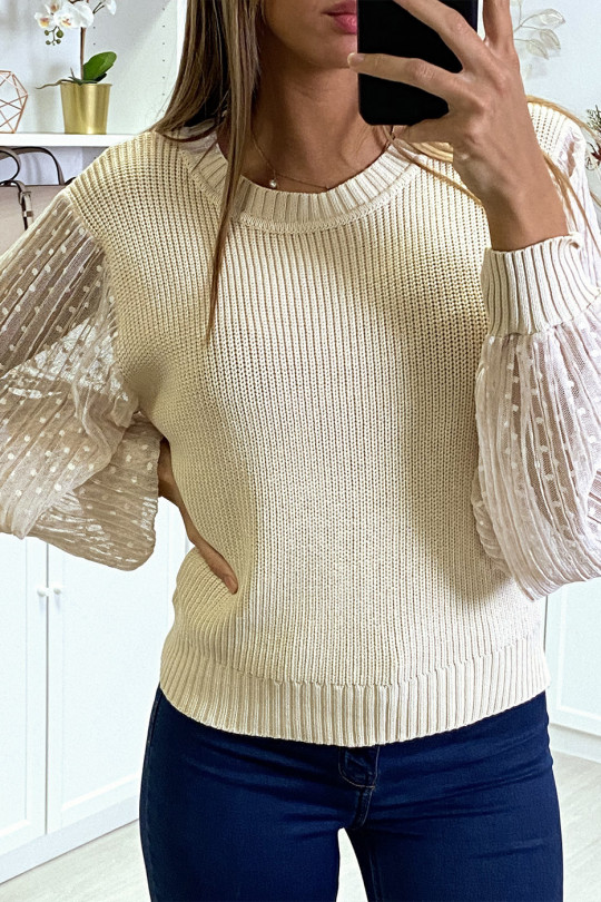 Beige sweater with fine cable knit and plumetis tulle sleeves - 3