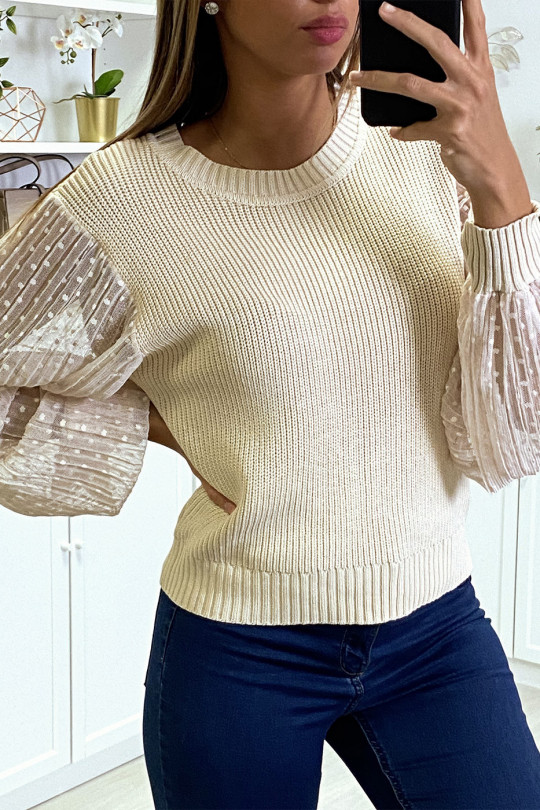 Beige sweater with fine cable knit and plumetis tulle sleeves - 4