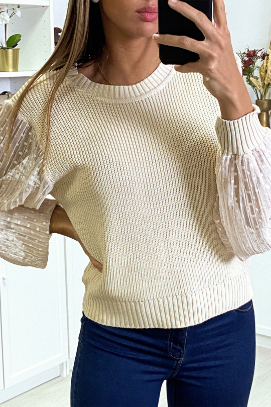 Beige sweater with fine cable knit and plumetis tulle sleeves - 5