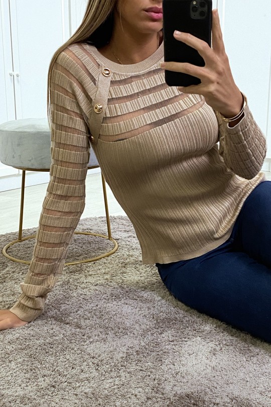 Bi-material ribbed taupe sweater on top and sleeves - 1