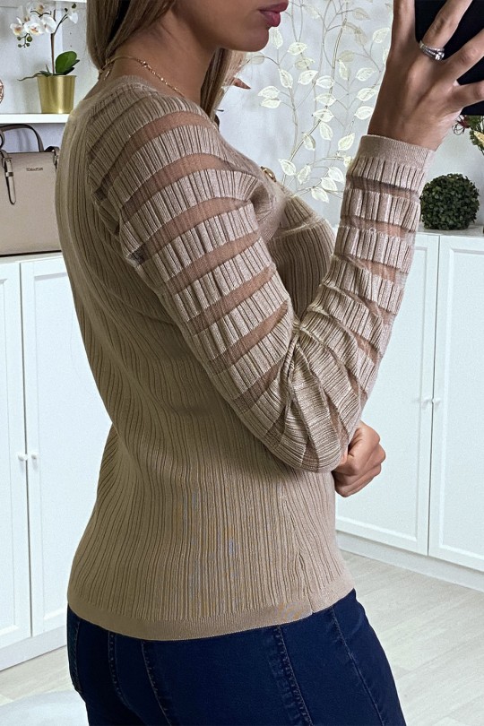 Bi-material ribbed taupe sweater on top and sleeves - 2