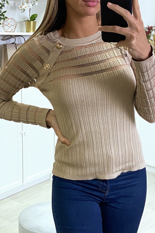 Bi-material ribbed taupe sweater on top and sleeves - 3