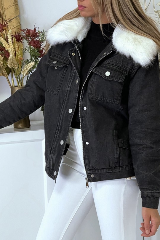 Veste en jean noire doublure et capuche en fausse fourrure blanche - 1