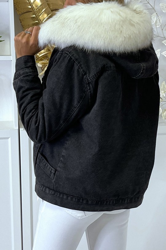 Veste en jean noire doublure et capuche en fausse fourrure blanche - 5