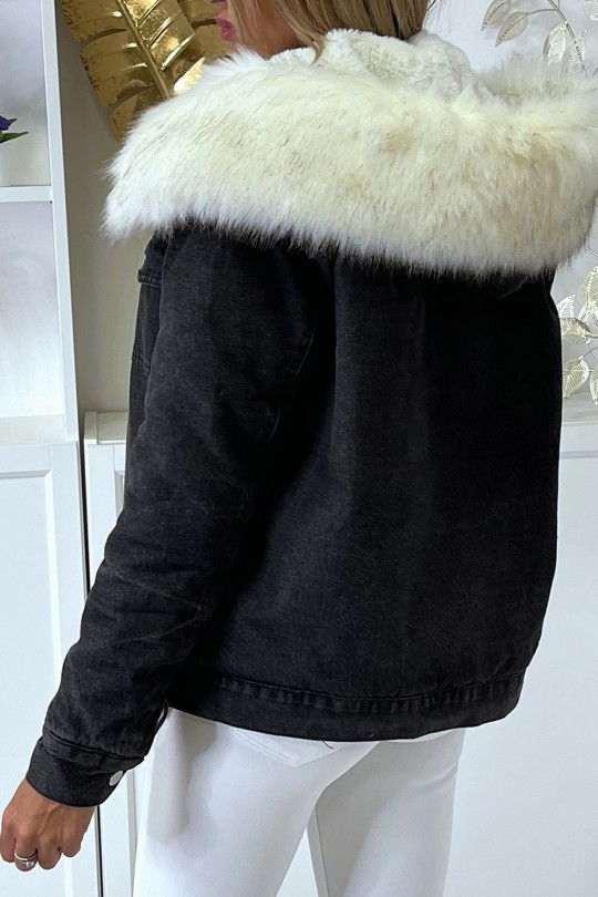 Veste en jean noire doublure et capuche en fausse fourrure blanche - 6