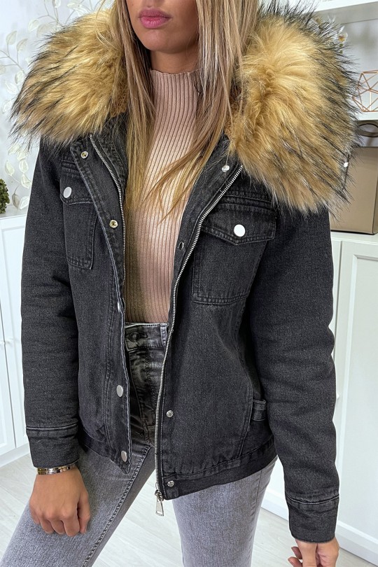 Black denim jacket with taupe faux fur lining and hood - 1