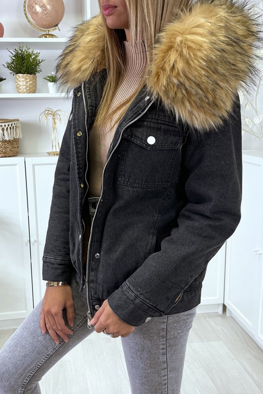 Black denim jacket with taupe faux fur lining and hood - 2
