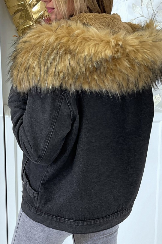Black denim jacket with taupe faux fur lining and hood - 6