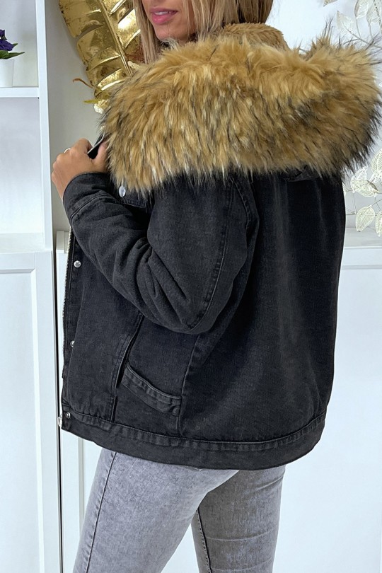 Black denim jacket with taupe faux fur lining and hood - 7