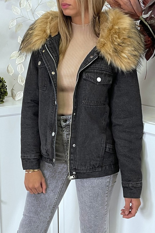 Black denim jacket with taupe faux fur lining and hood - 9