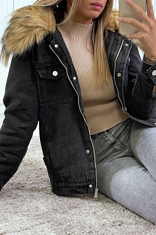 Black denim jacket with taupe faux fur lining and hood - 10