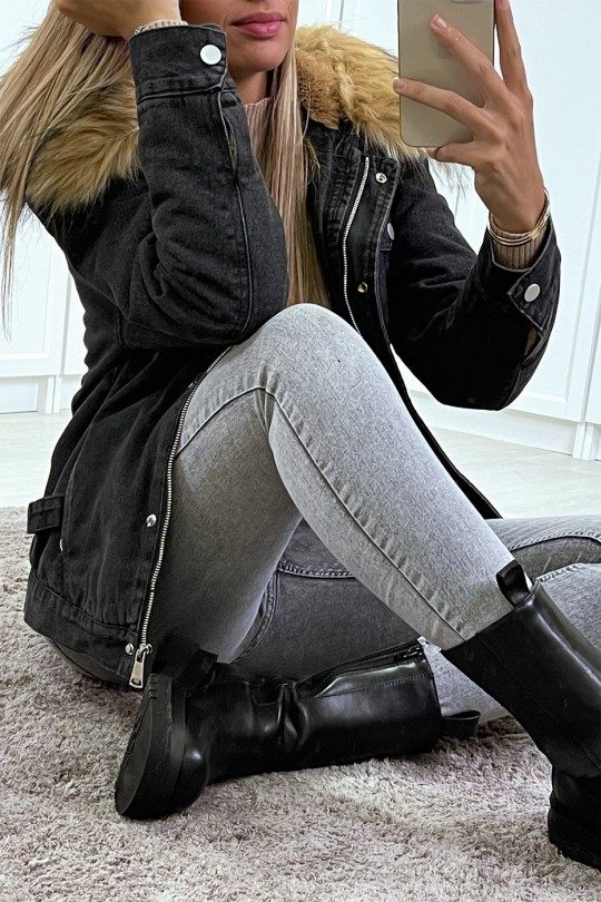 Black denim jacket with taupe faux fur lining and hood - 11