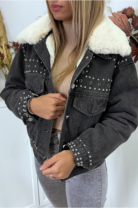 Veste en jean noire doublure et col en fausse fourrure beige - 2