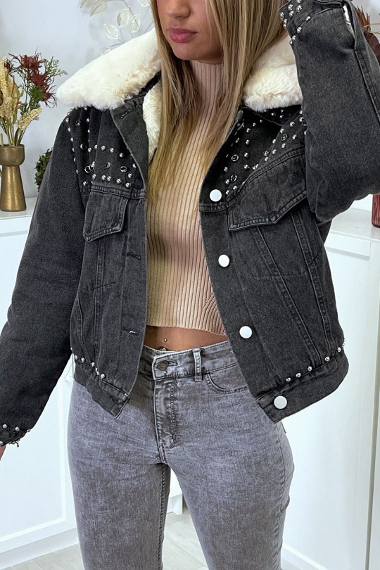 beige denim jacket with fur