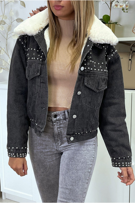 Veste en jean noire doublure et col en fausse fourrure beige - 5