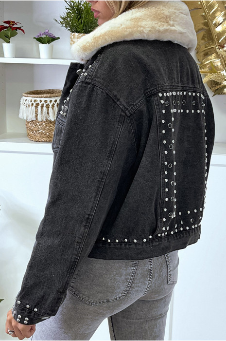 Veste en jean noire doublure et col en fausse fourrure beige - 6