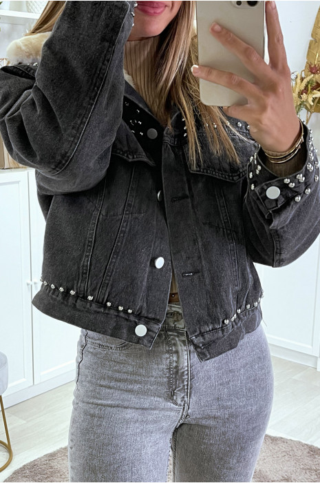 Veste en jean noire doublure et col en fausse fourrure beige - 9