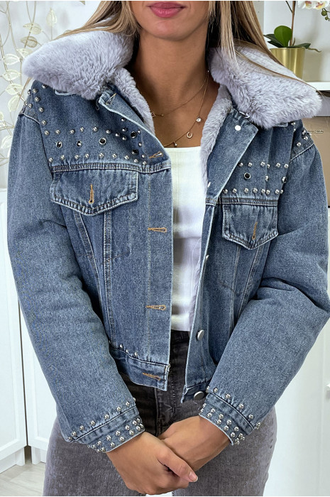Veste en jean bleu doublure et col en fausse fourrure gris - 1