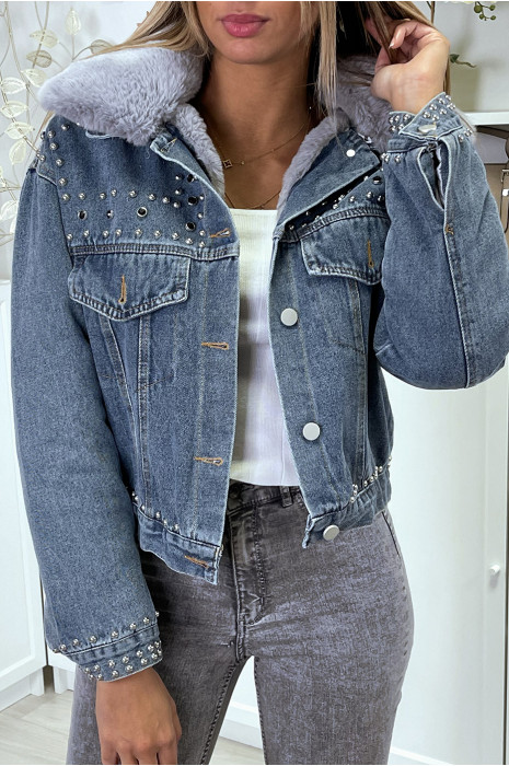Veste en jean bleu doublure et col en fausse fourrure gris - 2