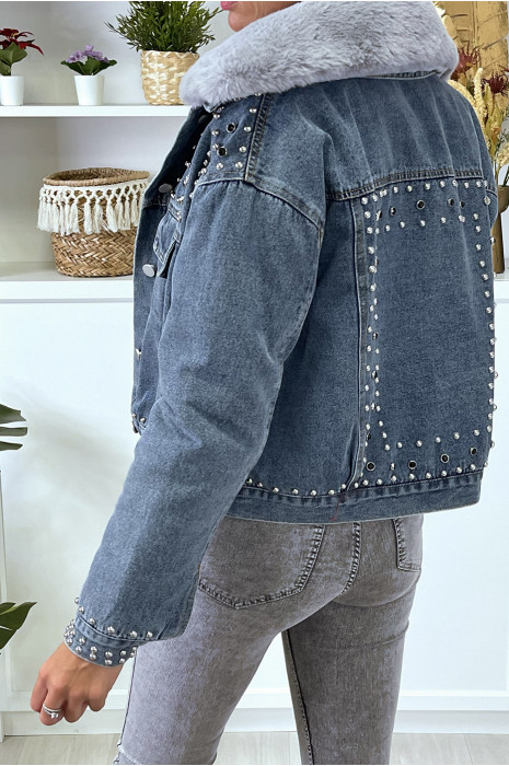 Veste en jean bleu doublure et col en fausse fourrure gris - 5