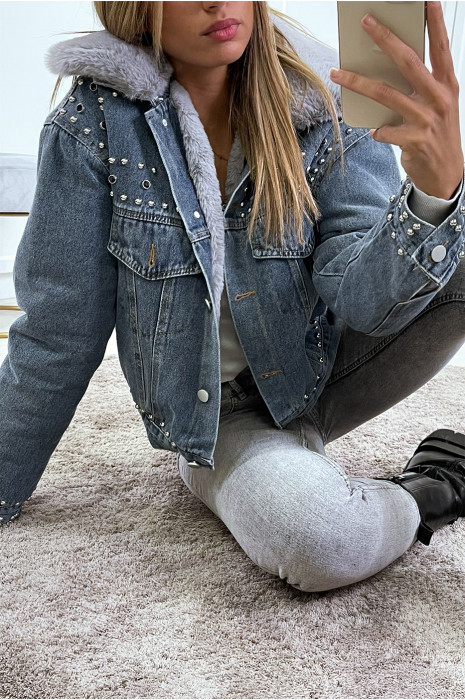 Veste en jean bleu doublure et col en fausse fourrure gris - 7
