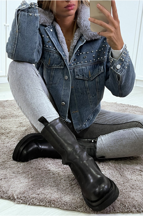 Veste en jean bleu doublure et col en fausse fourrure gris - 8