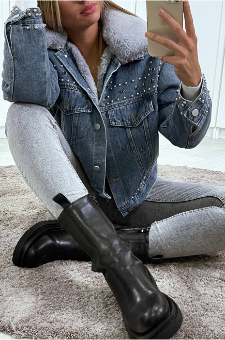Veste en jean bleu doublure et col en fausse fourrure gris - 9