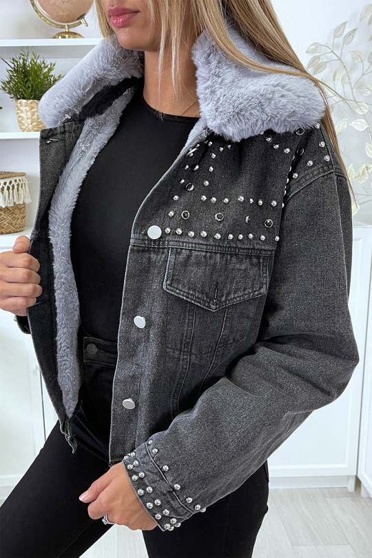 Veste en jean noir doublure et col en fausse fourrure gris - 4