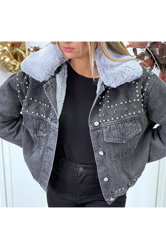 Veste en jean noir doublure et col en fausse fourrure gris - 5