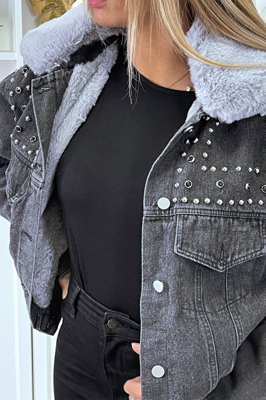 Veste en jean noir doublure et col en fausse fourrure gris - 6