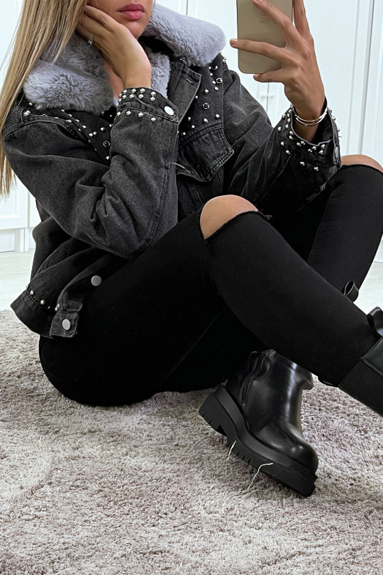 Veste en jean noir doublure et col en fausse fourrure gris - 8