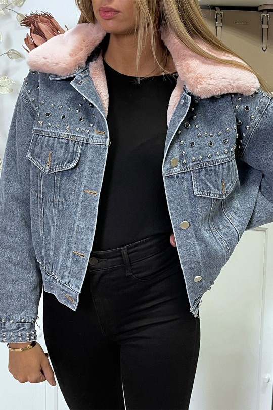 Blue denim jacket with pink faux fur lining and collar - 1