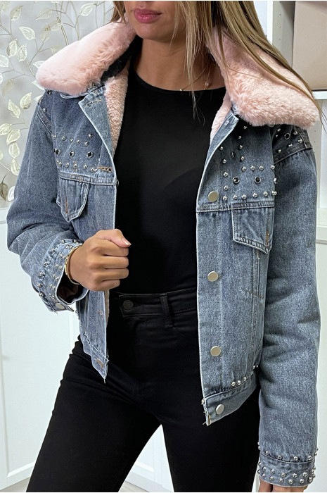 Blauw spijkerjasje met roze faux fur voering en kraag - 2