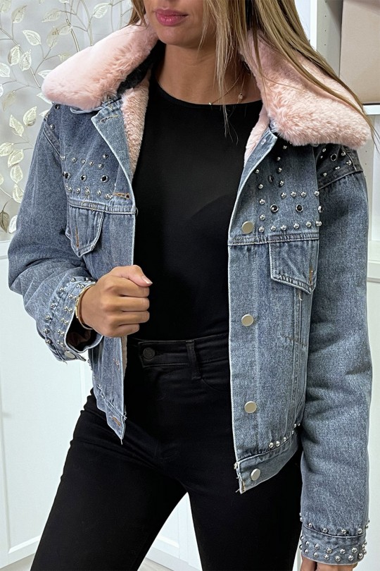 Blue denim jacket with pink faux fur lining and collar - 2