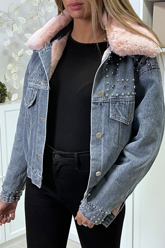 Blue denim jacket with pink faux fur lining and collar - 3
