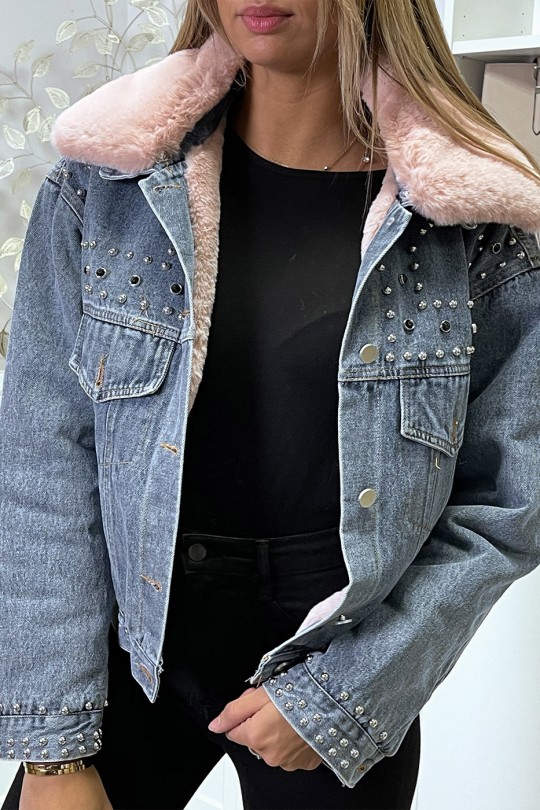 Blue denim jacket with pink faux fur lining and collar - 4