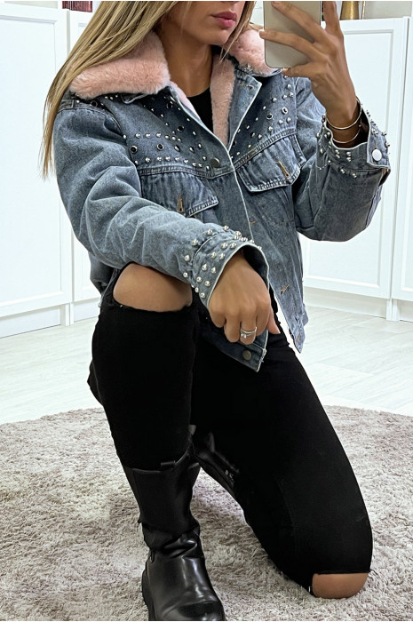 Blauw spijkerjasje met roze faux fur voering en kraag - 5