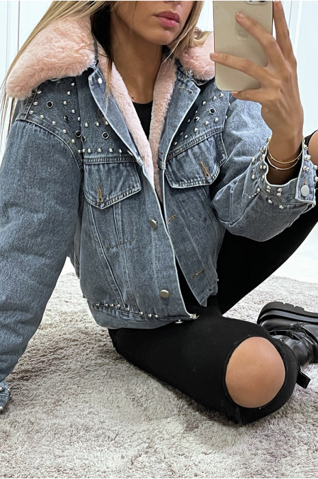 Blue denim jacket with pink faux fur lining and collar - 6