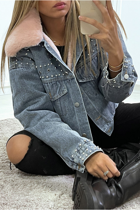 Blauw spijkerjasje met roze faux fur voering en kraag - 7