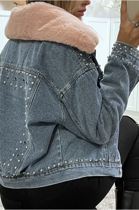 Blauw spijkerjasje met roze faux fur voering en kraag - 8