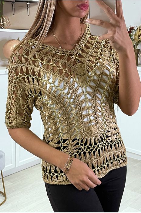 Taupe mesh and gold top - 5