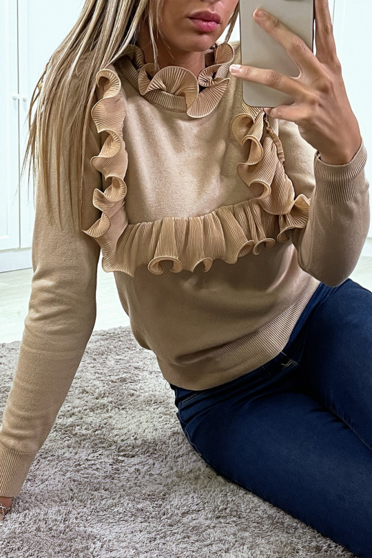 Camelkleurige sweater met ruche voor- en achterkant - 1