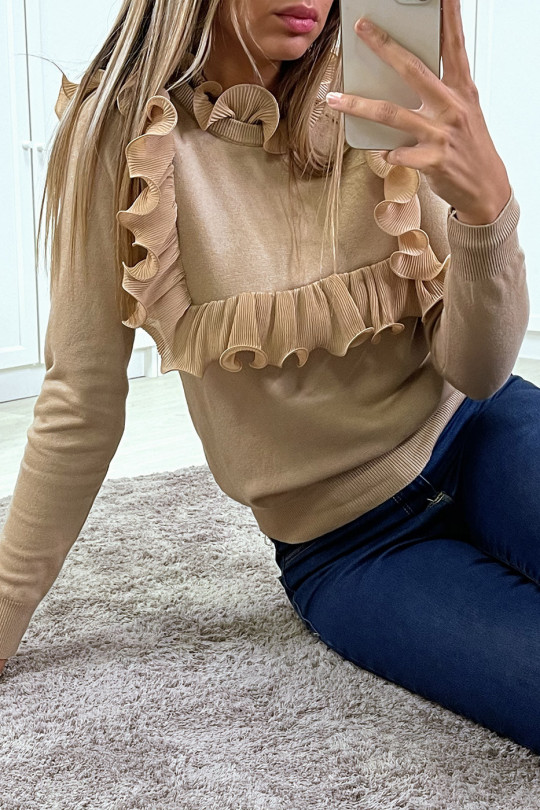 Camelkleurige sweater met ruche voor- en achterkant - 2